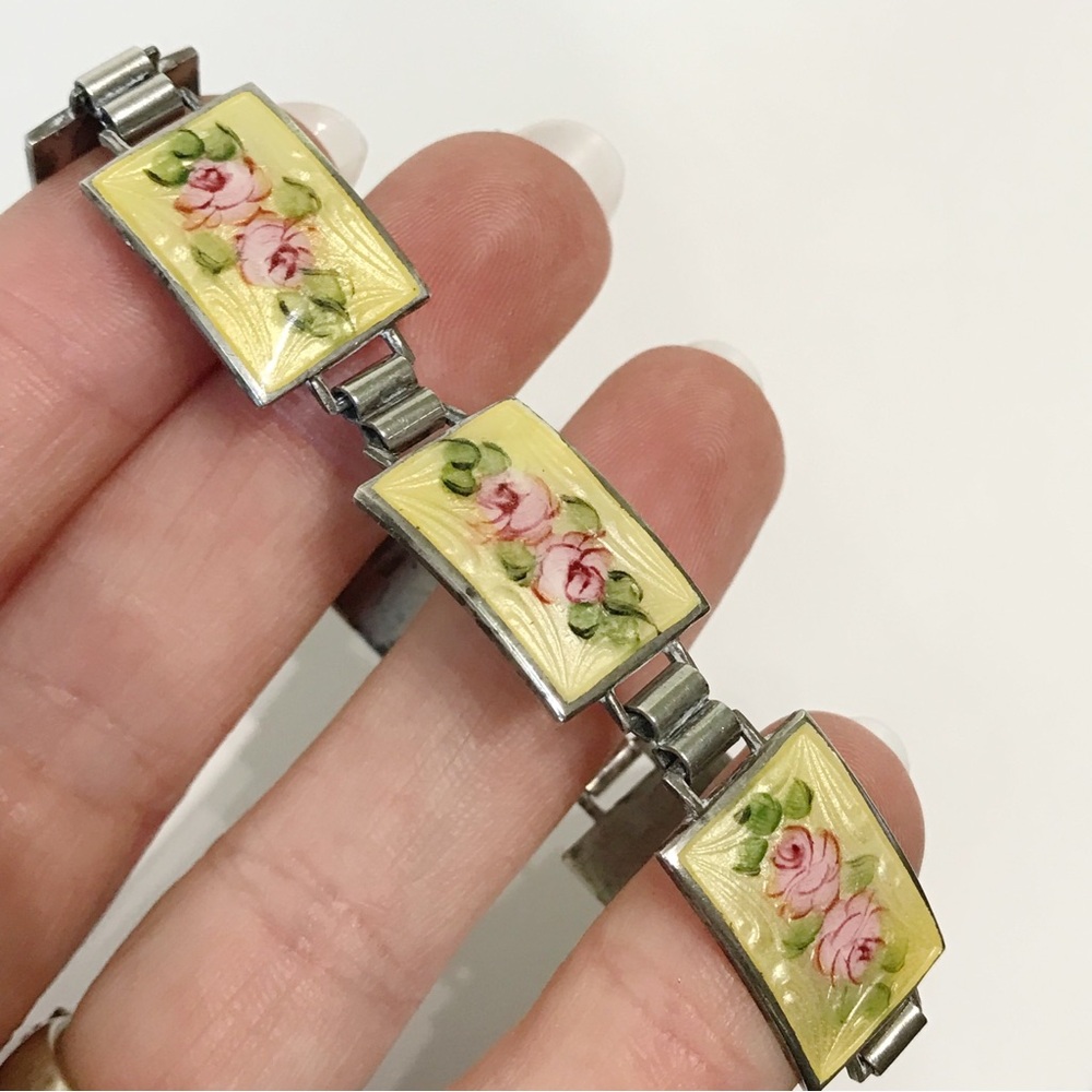 Sterling Silver Guilloche Vintage Rose Enamel Link Plate Bracelet 6.5" Cottage